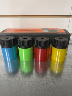 Display of 10 SIMPLE metal pencil sharpeners in various colors