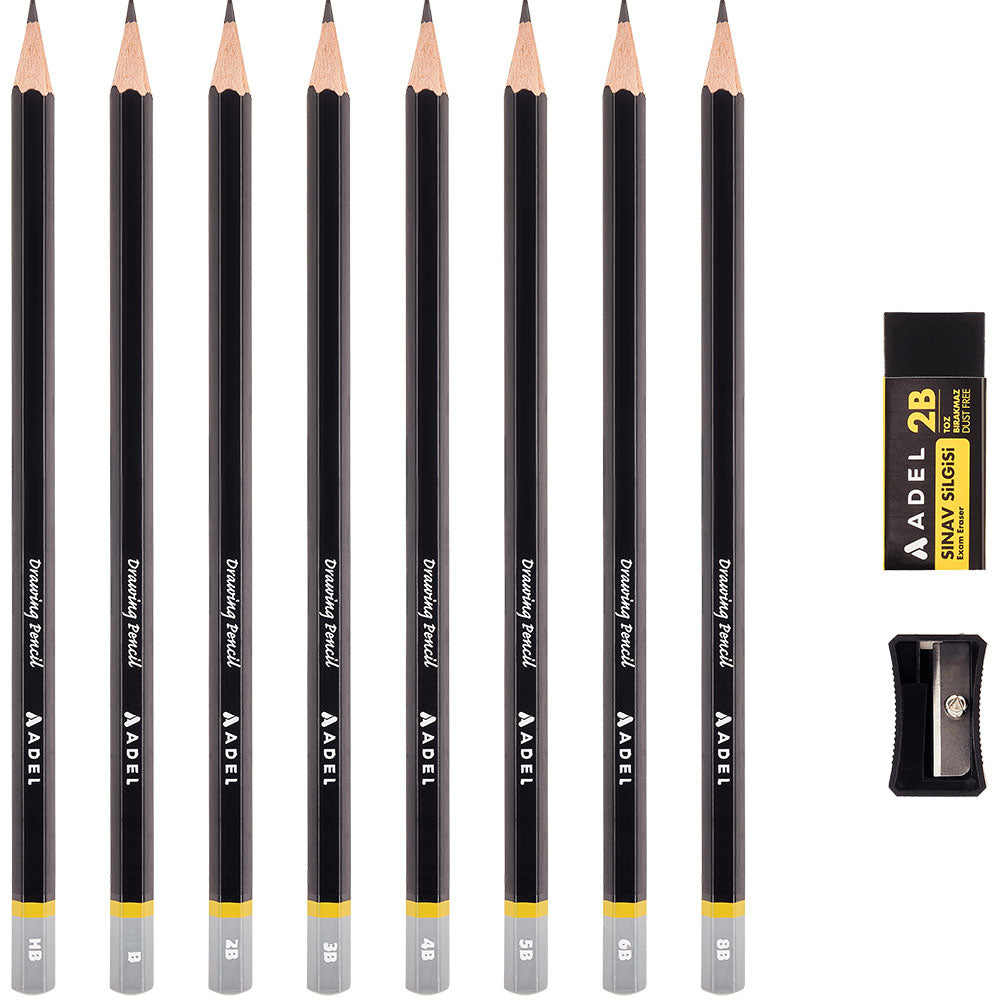 Ensemble de 8 crayons graphites + efface et taille-crayon