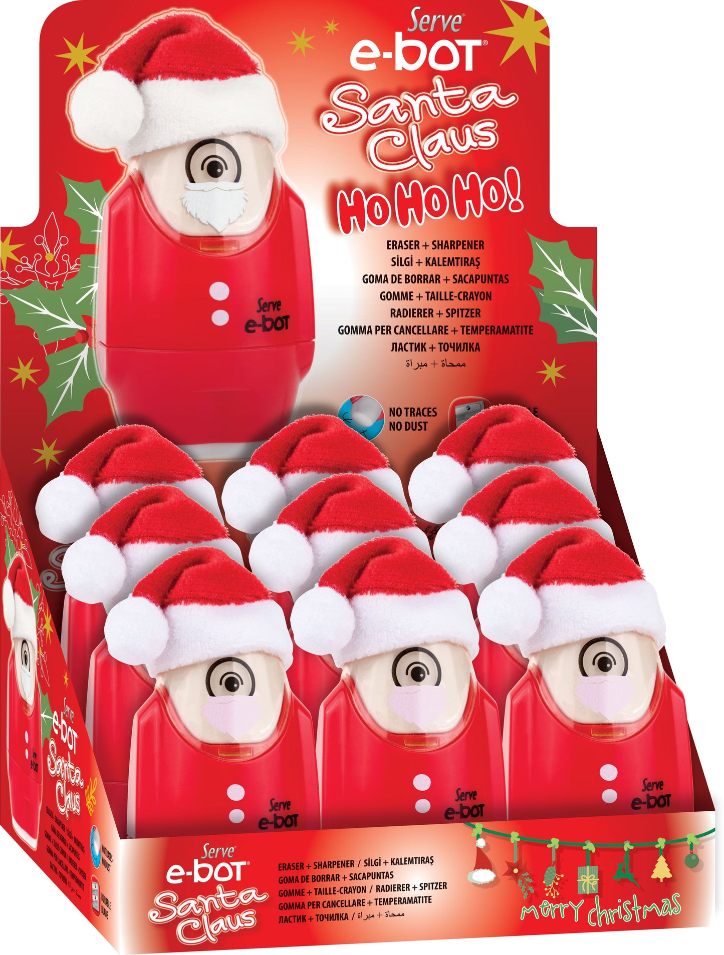 Display of 9 DOUBLE pencil sharpeners with eraser E-BOT CHRISTMAS