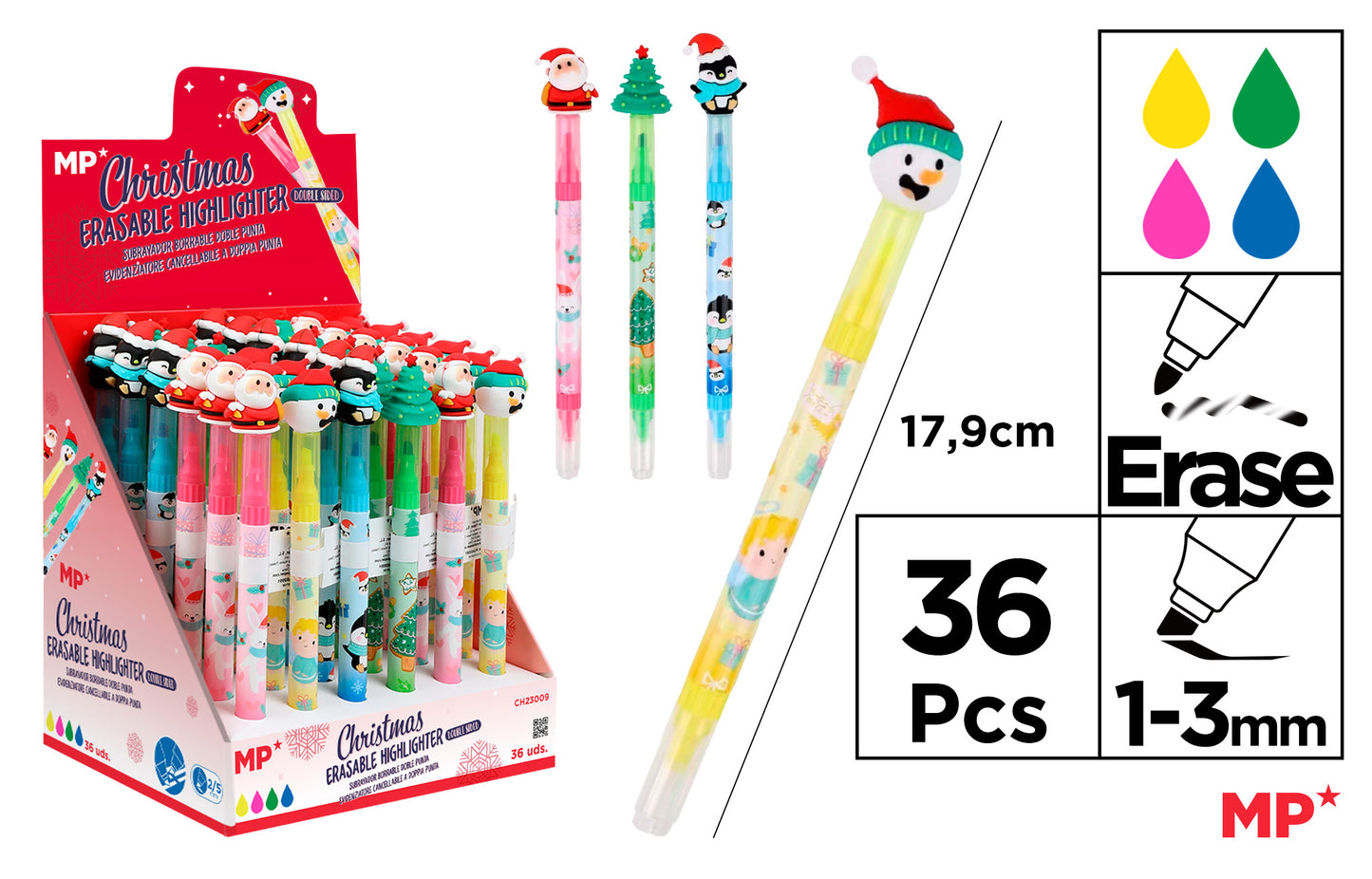 Display of 36 erasable highlighters CHRISTMAS