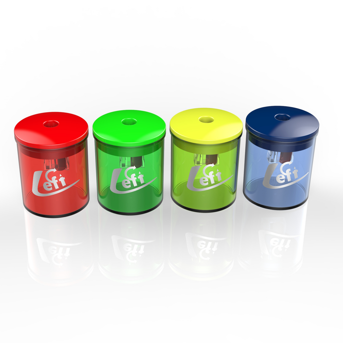 Display of 12 SIMPLE plastic pencil sharpeners for LEFT-HANDED (varied colors)