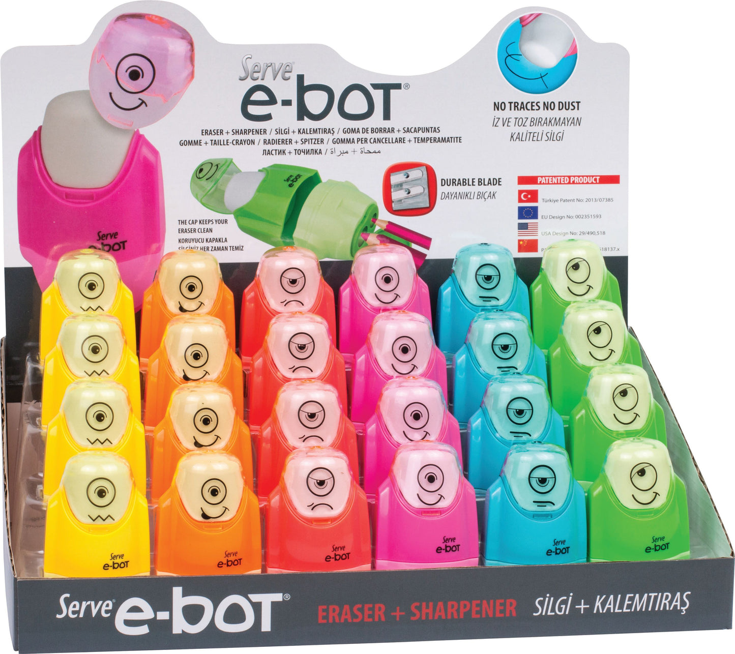 Présentoir de 24 taille-crayons DOUBLE avec efface E-BOT NÉON