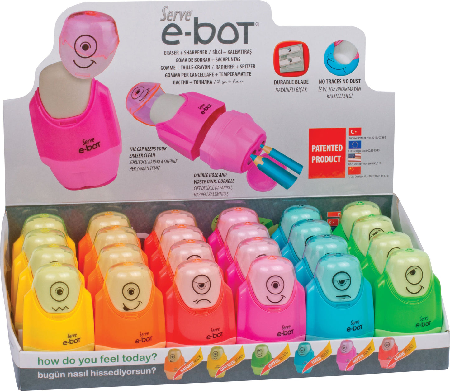 Présentoir de 24 taille-crayons DOUBLE avec efface E-BOT NÉON