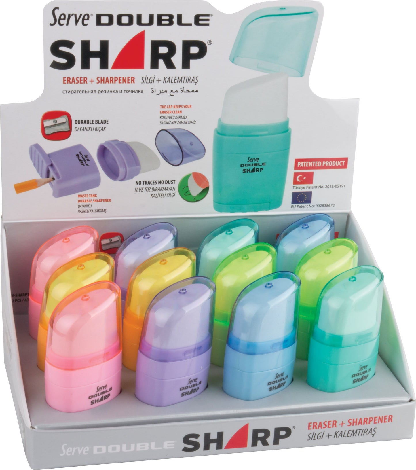 Display of 12 SIMPLE pencil sharpeners with SHARP PASTEL eraser