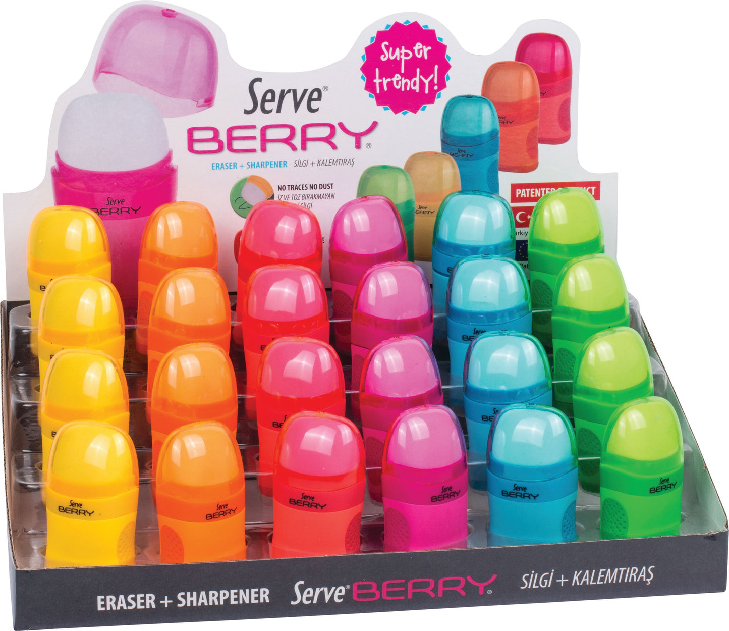 Display of 9 OR 24 DOUBLE pencil sharpeners with BERRY NEON eraser