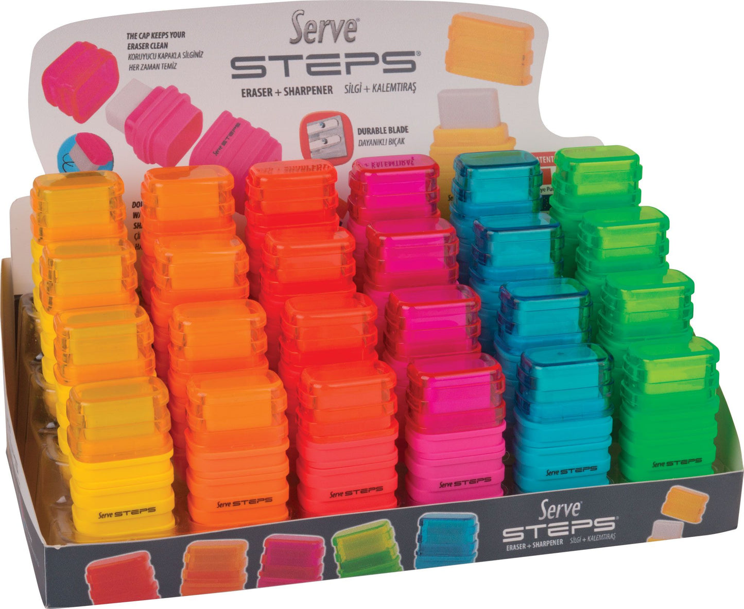 Display of 24 DOUBLE pencil sharpeners with STEPS eraser