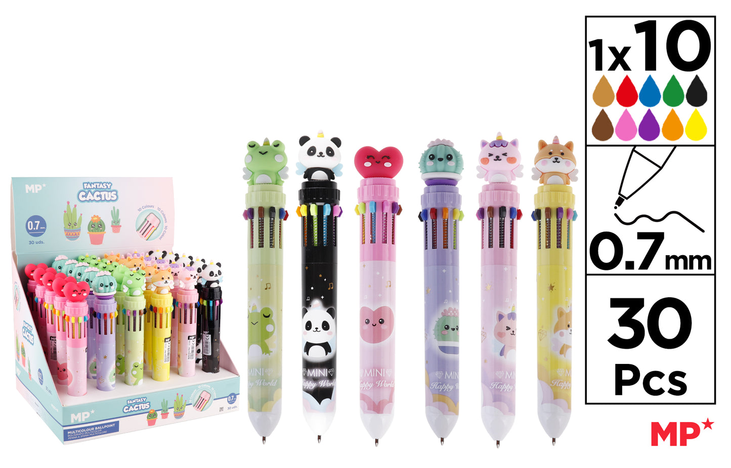 Présentoir de 30 stylos 10 couleurs 0.7mm FANTAISIES MIGNONNES