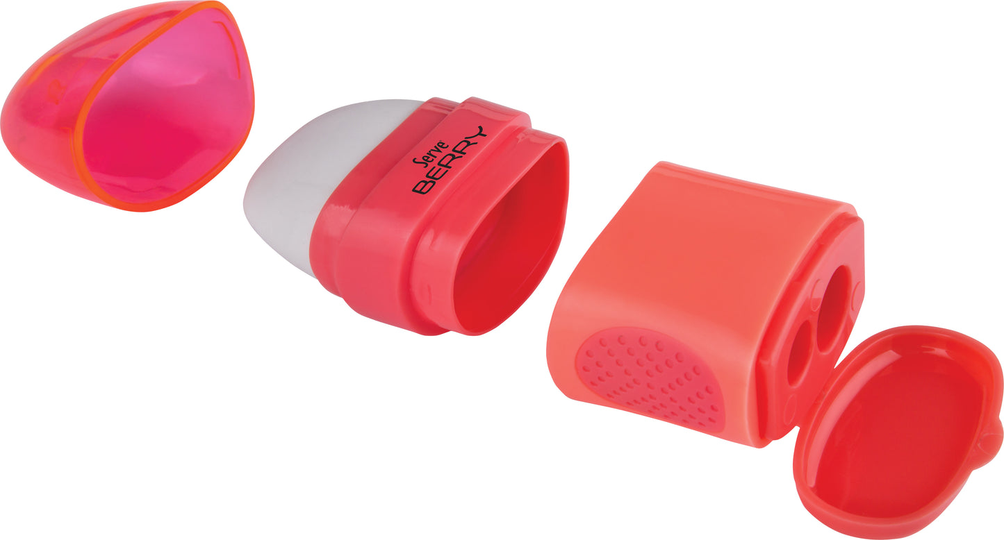 Display of 9 OR 24 DOUBLE pencil sharpeners with BERRY NEON eraser