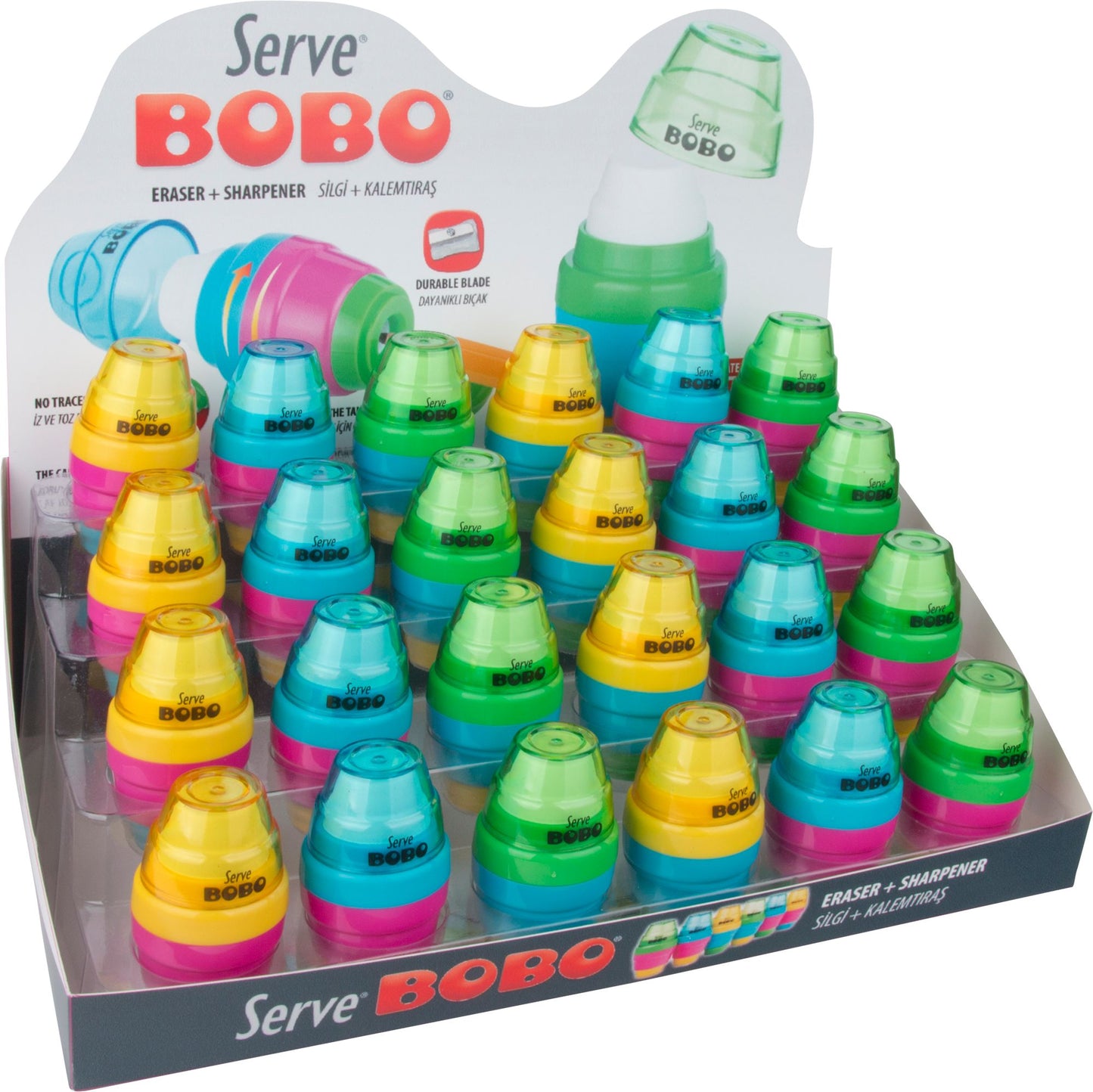 Display of 24 SIMPLE pencil sharpeners with BOBO eraser