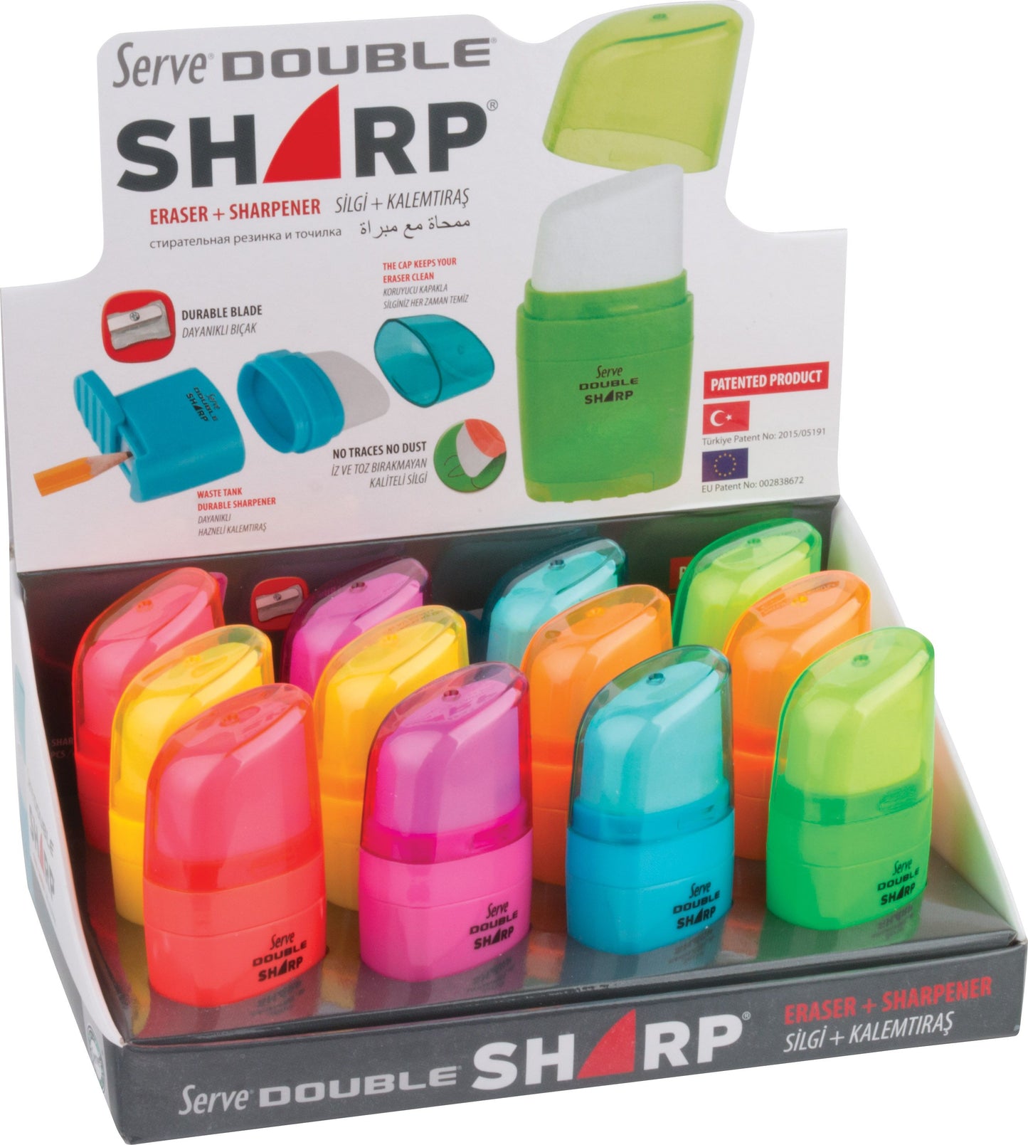 Display of 12 OR 30 SIMPLE pencil sharpeners with eraser NEON SHARP