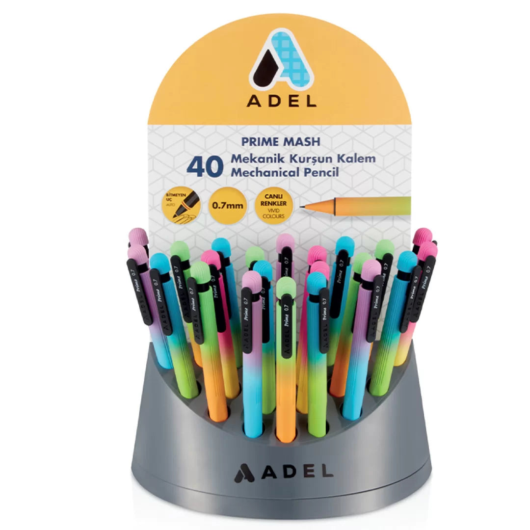 Display of 60 Adel 0.7mm Auto Prime NEON GRADIENT mechanical pencils