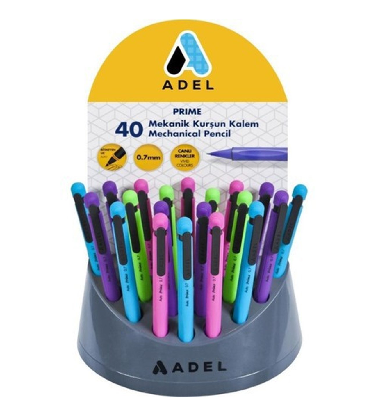 Display of 60 Adel 0.7mm Auto Prime mechanical pencils (various colors)