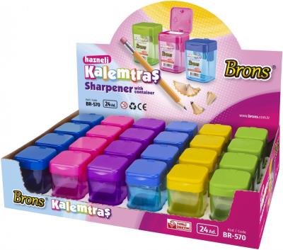 Display of 24 DOUBLE square plastic pencil sharpeners with reservoir
