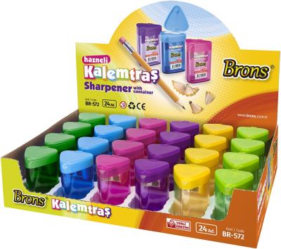 Display of 24 DOUBLE plastic triangular pencil sharpeners with reservoir