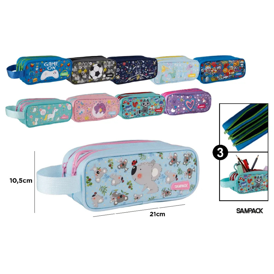 Étui à crayons à 3 compartiments (modèles variés)