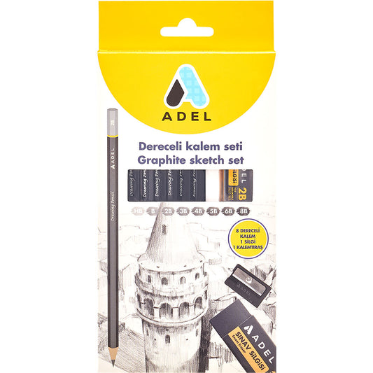 Set of 8 graphite pencils + eraser and sharpener