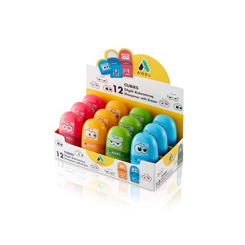 Display of 12 SIMPLE plastic pencil sharpeners with eraser