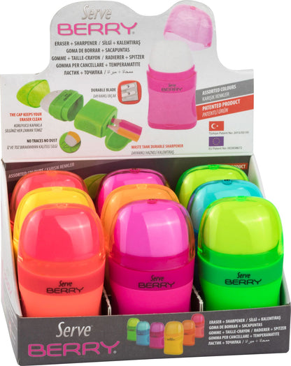 Display of 9 OR 24 DOUBLE pencil sharpeners with eraser BERRY NEON