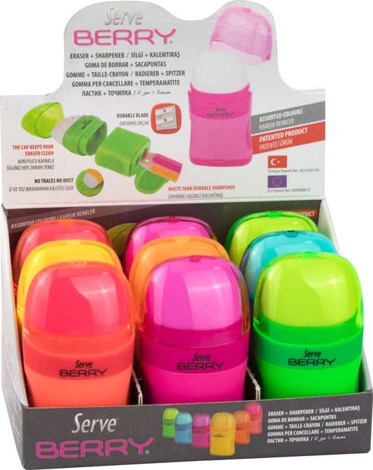 Display of 9 OR 24 DOUBLE pencil sharpeners with BERRY NEON eraser