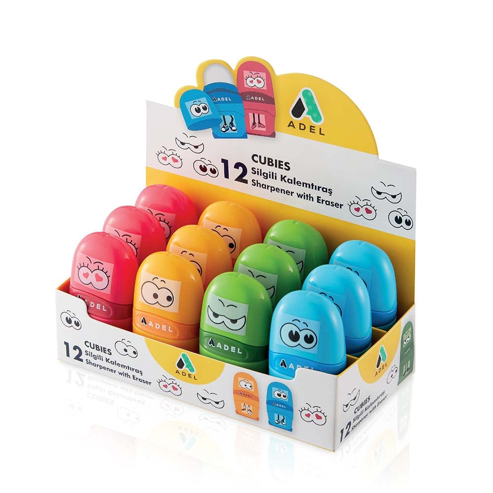 Présentoir de 12 taille-crayons SIMPLE plastique avec efface