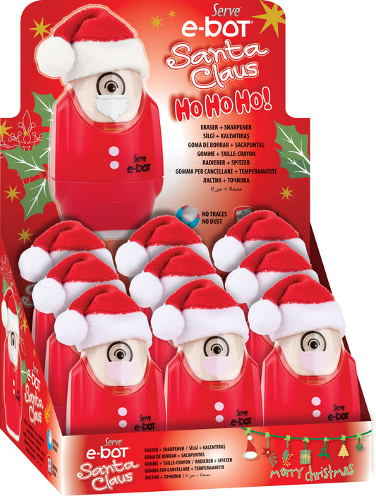 Display of 9 DOUBLE pencil sharpeners with eraser E-BOT CHRISTMAS