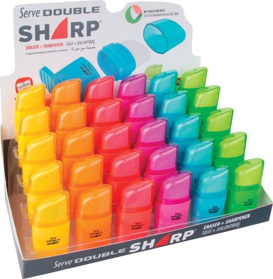 Display of 30 SIMPLE pencil sharpeners with SHARP NEON eraser