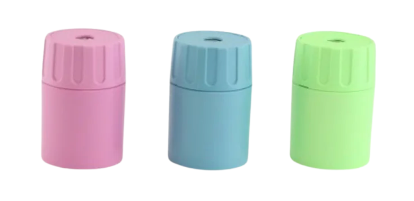 Display of 12 SIMPLE pencil sharpeners in recycled metal PASTEL