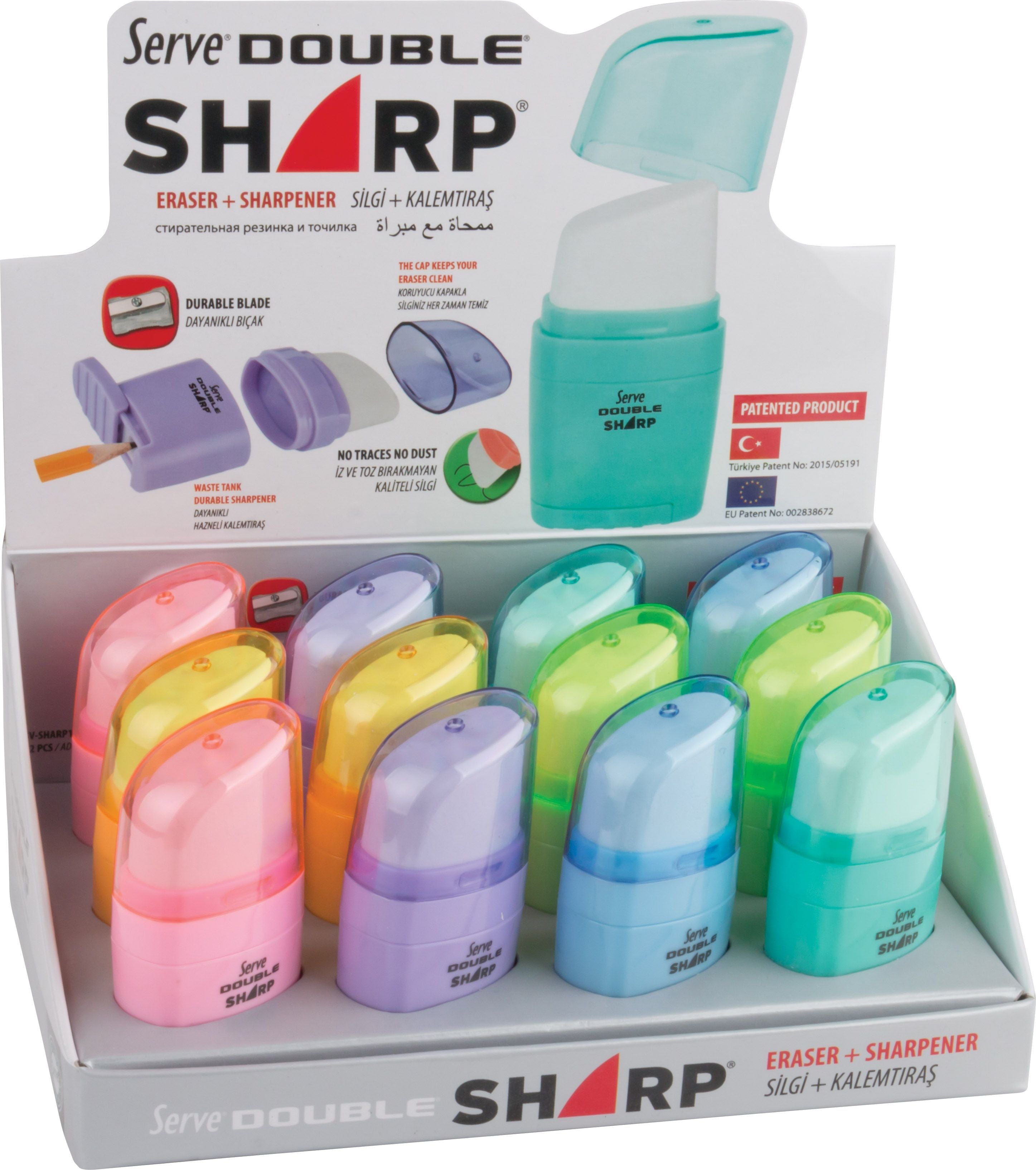 Display of 12 SIMPLE pencil sharpeners with SHARP PASTEL eraser ...
