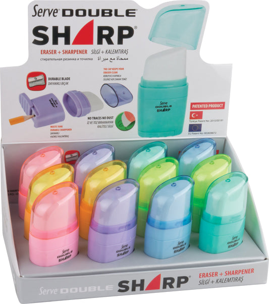 Display of 12 SIMPLE pencil sharpeners with SHARP PASTEL eraser