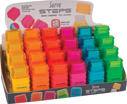 Display of 24 DOUBLE pencil sharpeners with STEPS eraser