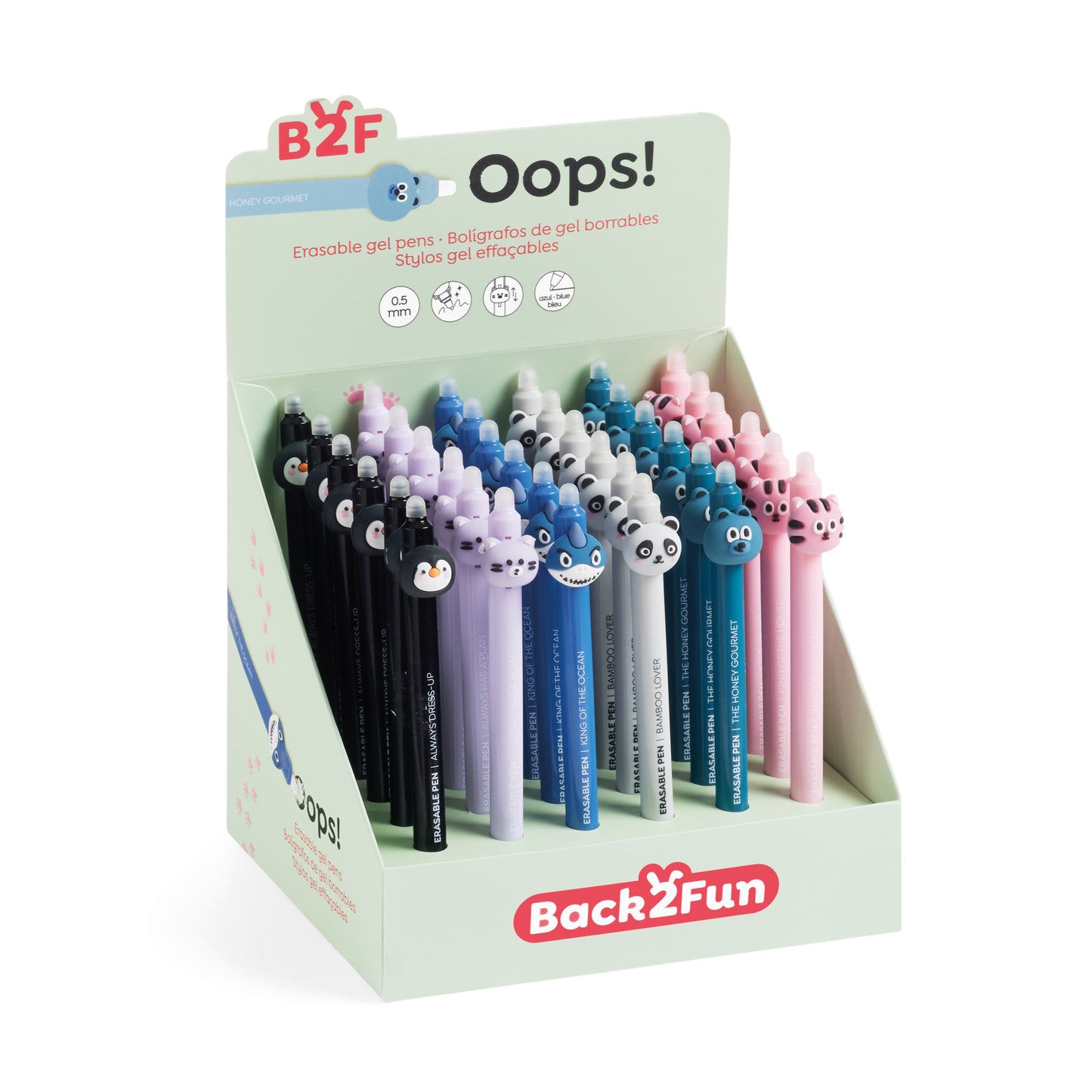 Présentoir de 36 stylos effaçables 0.5mm - Oops (encre bleue)