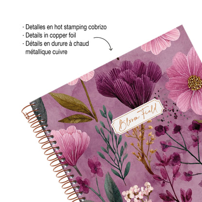 Cahier ligné à spirale A5 – Bloom Field (rose)
