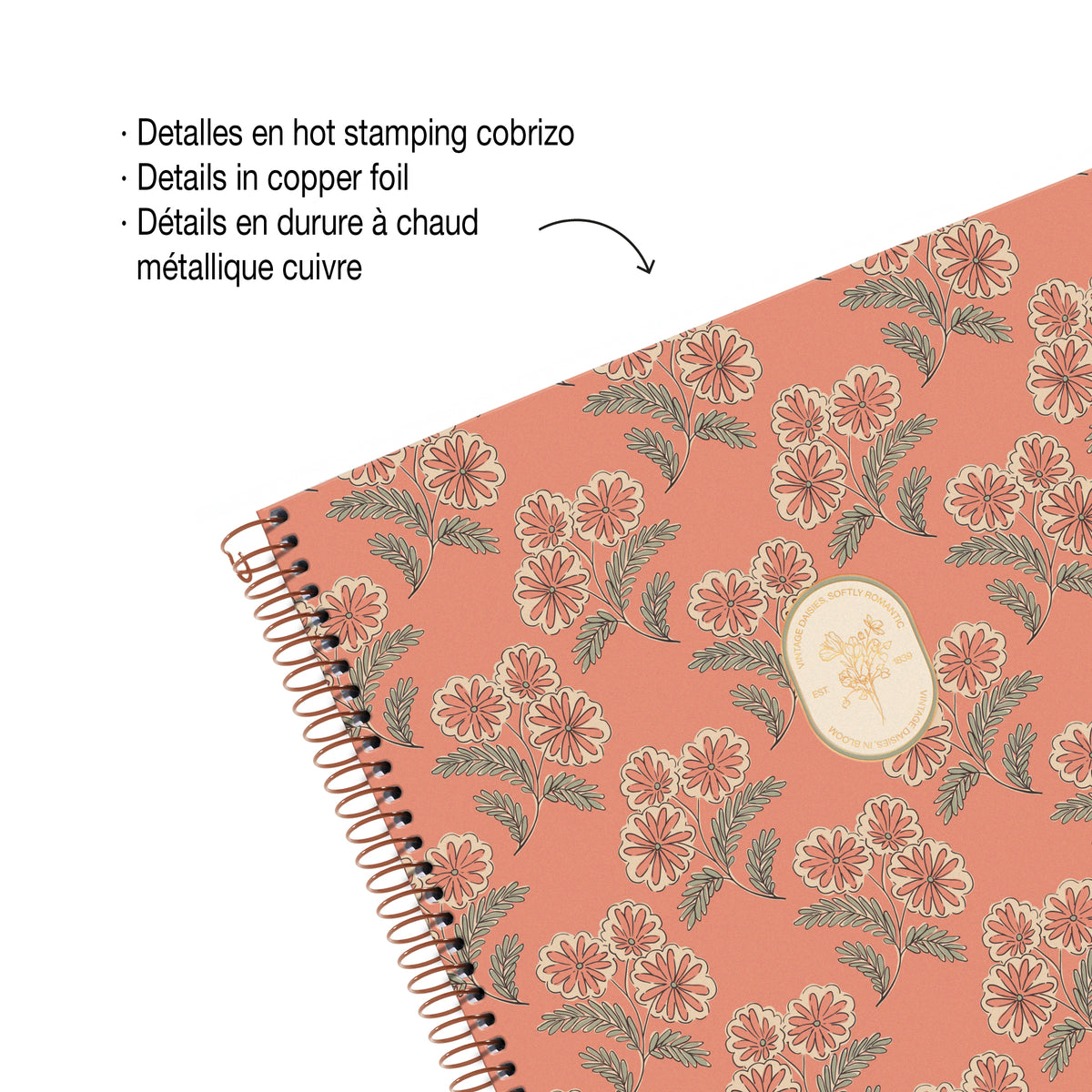 Cahier ligné à spirale A4 – Vintage Daisies (orange)