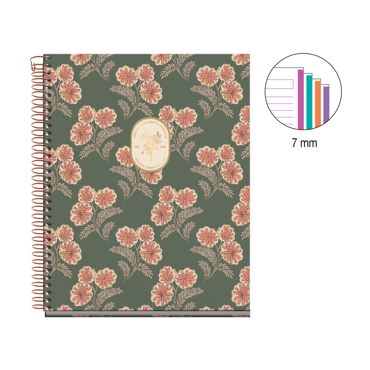 Cahier ligné à spirale A5 – Vintage Daisies (vert)