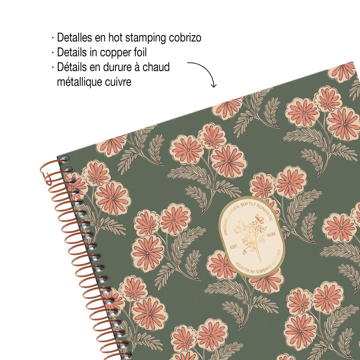 Cahier ligné à spirale A5 – Vintage Daisies (vert)