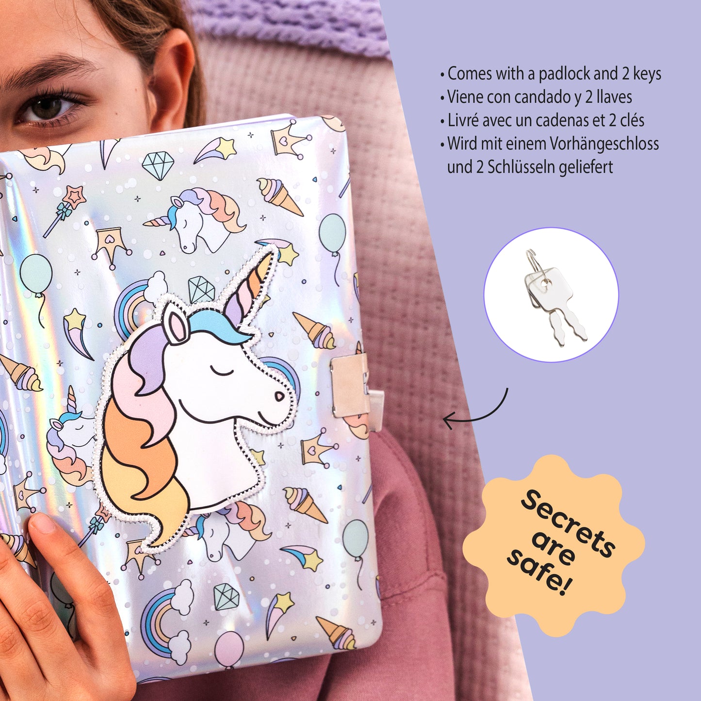 Journal intime holographique avec crayon - Licorne