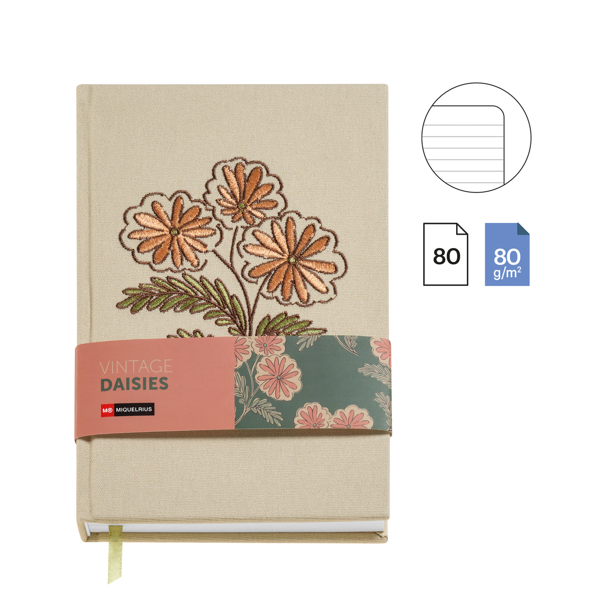 Carnet ligné A5 brodé – Vintage Daisies (fleur)