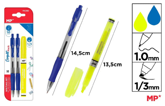 Writing set: 2 ballpoint pens and 1 highlighter