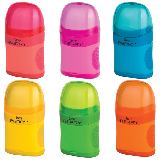 Display of 9 OR 24 DOUBLE pencil sharpeners with BERRY NEON eraser