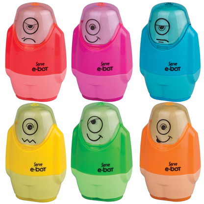 Présentoir de 24 taille-crayons DOUBLE avec efface E-BOT NÉON