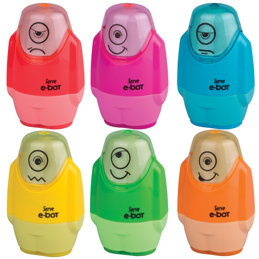 Display of 24 DOUBLE Pencil Sharpeners with Eraser NEON E-BOT