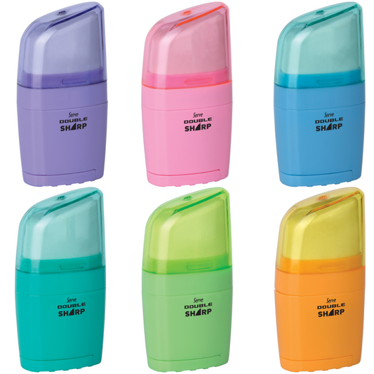Display of 12 SIMPLE pencil sharpeners with SHARP PASTEL eraser