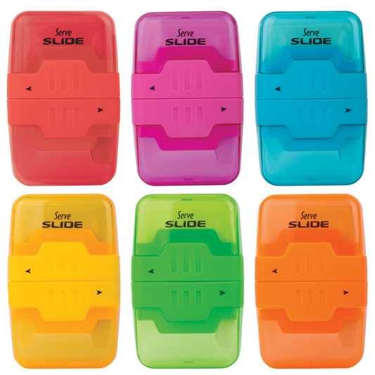 Display of 20 SIMPLE pencil sharpeners with NEON SLIDE eraser