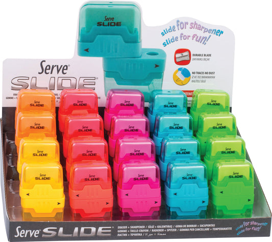 Display of 20 SIMPLE pencil sharpeners with NEON SLIDE eraser