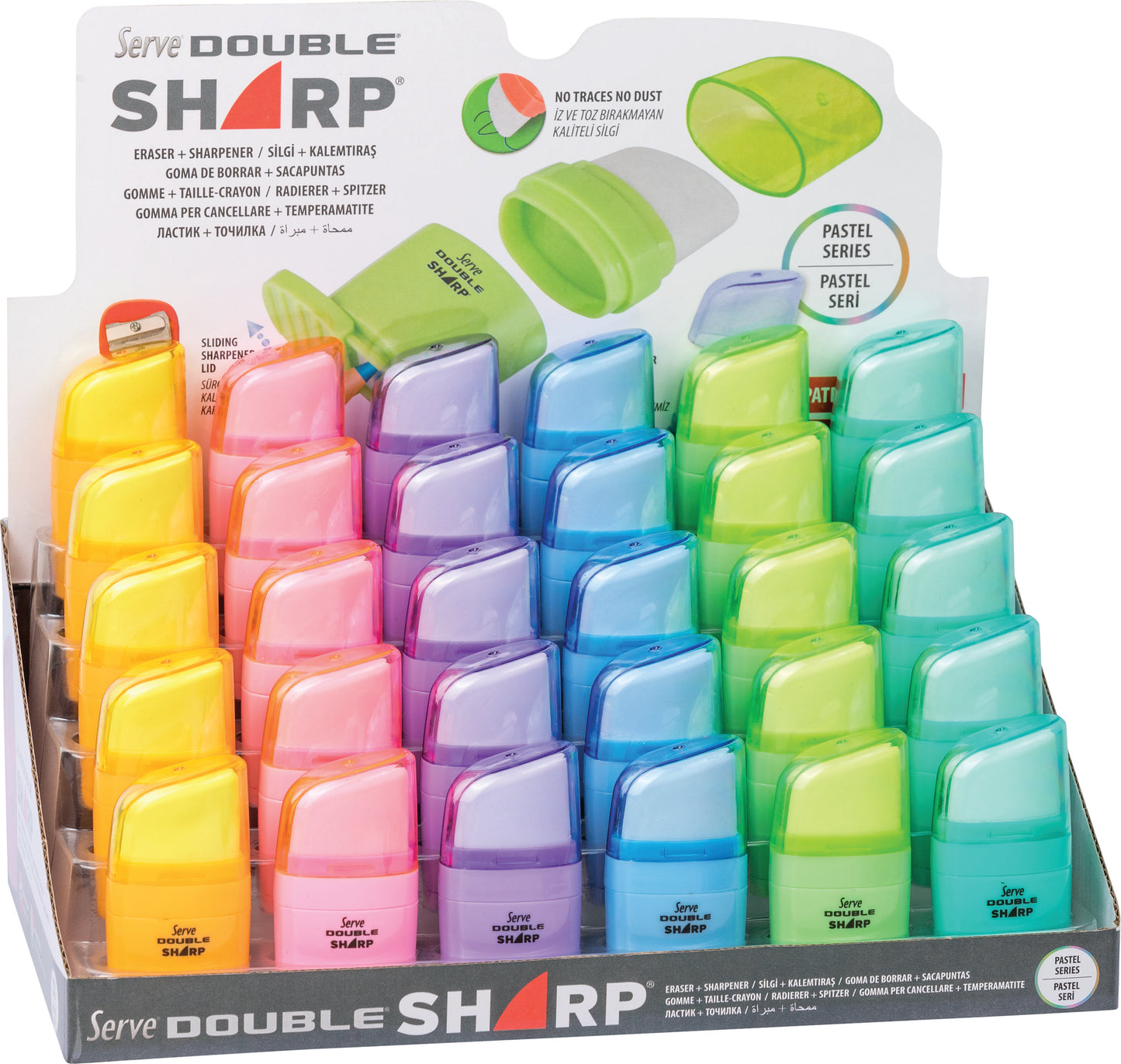 Display of 12 SIMPLE pencil sharpeners with SHARP PASTEL eraser