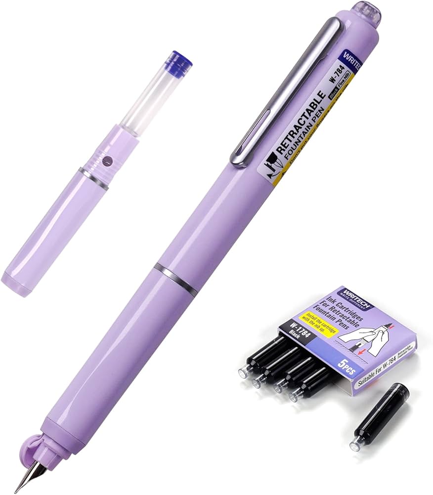 Retractable Fountain Pen + 5 Ink Cartridges (Black Ink)