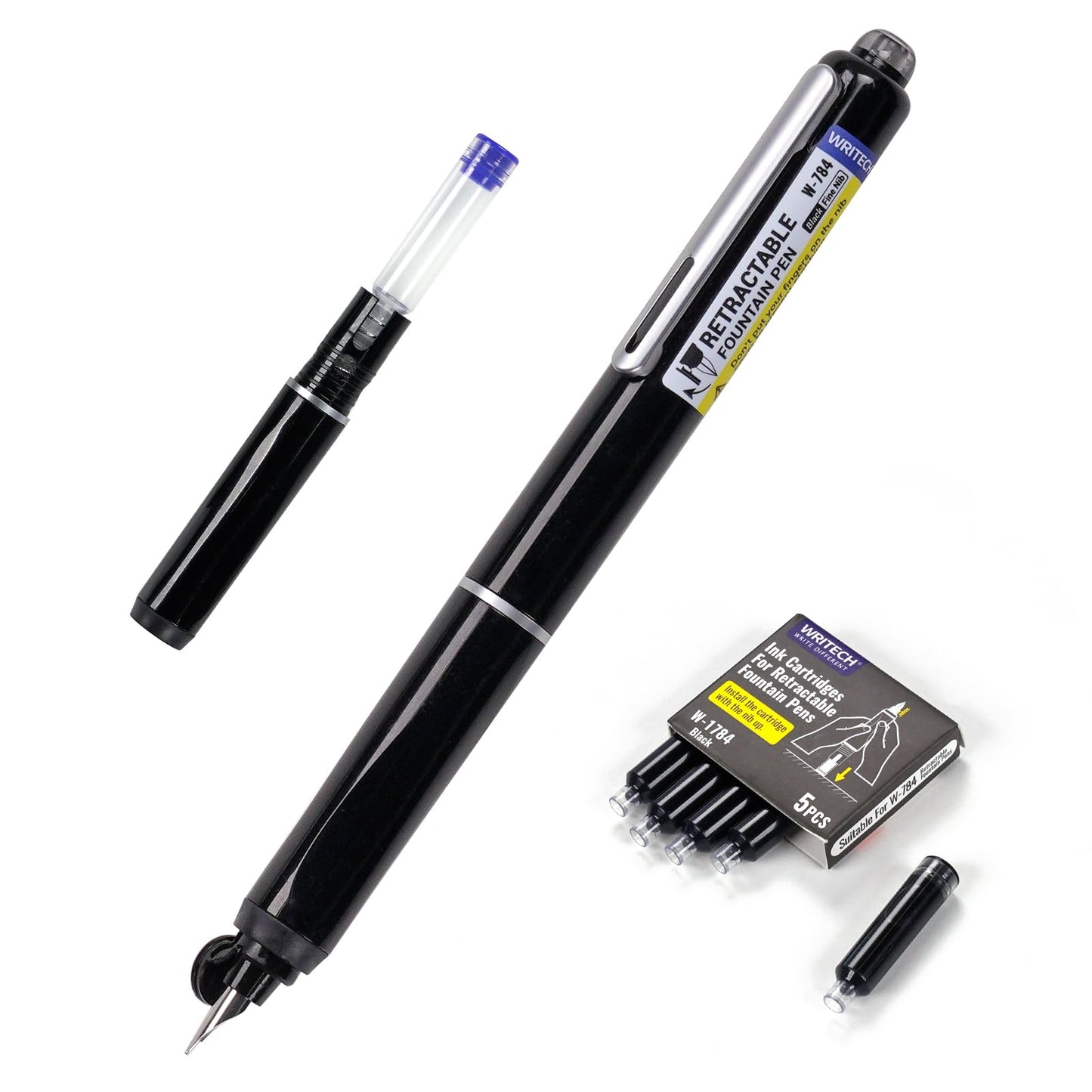 Retractable Fountain Pen + 5 Ink Cartridges (Black Ink)