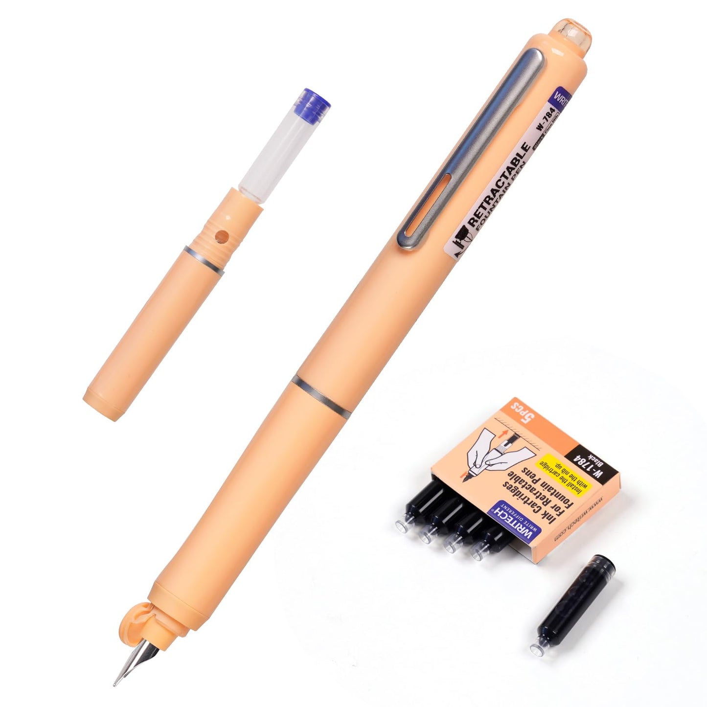 Retractable Fountain Pen + 5 Ink Cartridges (Black Ink)