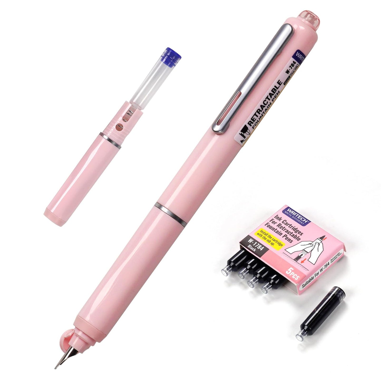 Retractable Fountain Pen + 5 Ink Cartridges (Black Ink)