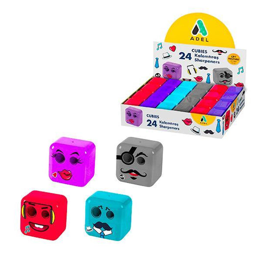 Display of 24 patterned DOUBLE cube pencil sharpeners